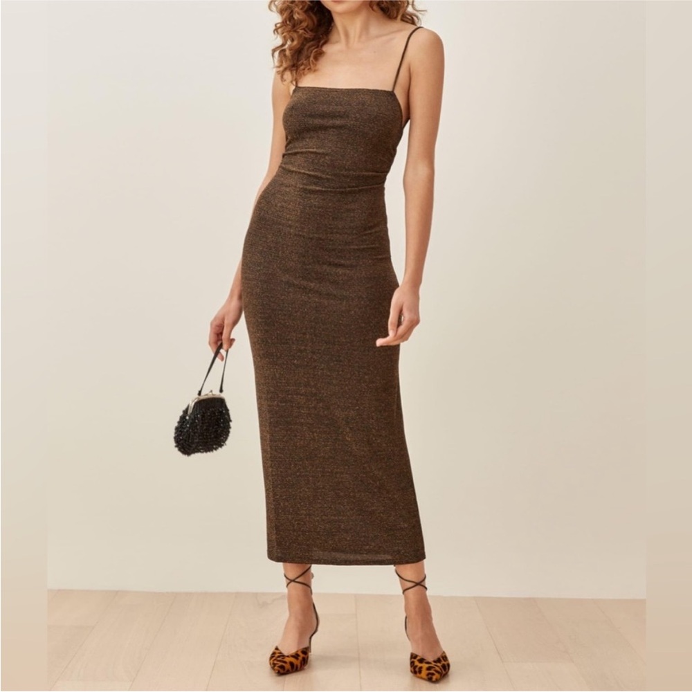 Commense NWT Reformation Breslin look alike knit Shimmering Brown Midi Dress M